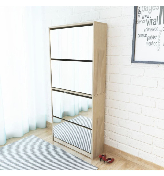 Meuble à chaussures 4 étagères avec miroir 63x17x134 cm Chêne | Mobilier & Déco