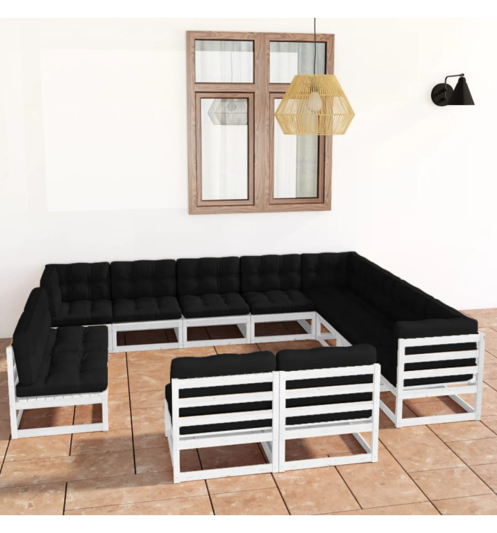 Salon de jardin 12 pcs avec coussins Blanc Bois de pin massif | Mobilier & Déco