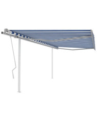Auvent manuel rétractable avec poteaux 4x3,5 m Bleu et blanc | Mobilier & Déco