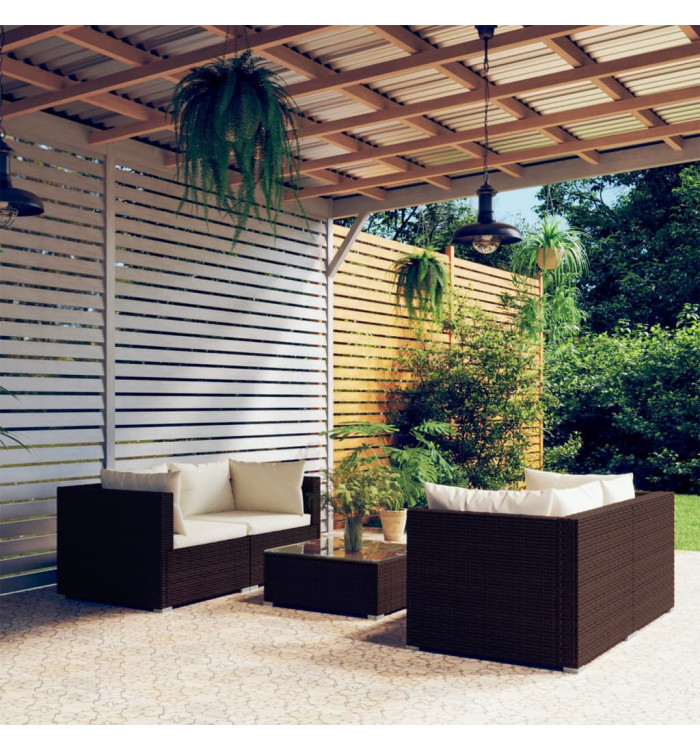 Salon de jardin 5 pcs avec coussins Résine tressée Marron | Mobilier & Déco