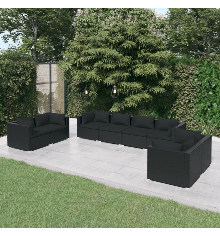 Salon de jardin 8 pcs avec coussins Résine tressée Noir | Mobilier & Déco