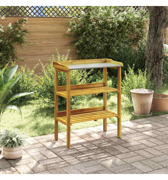 Banc à jardinière avec 2 étagères Bois massif d'acacia et zinc | Mobilier & Déco