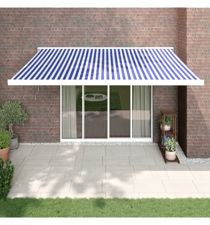 Auvent rétractable bleu et blanc 4x3 m tissu et aluminium | Mobilier & Déco