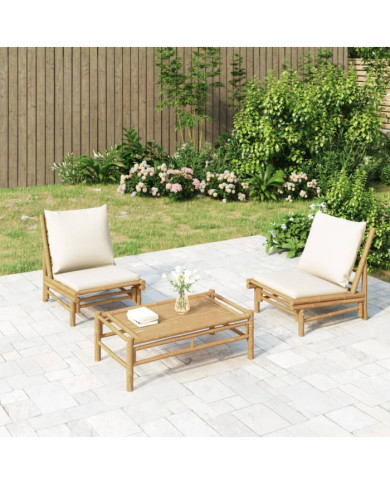 Chaises de jardin lot de 2 avec coussins blanc crème bambou | Mobilier & Déco