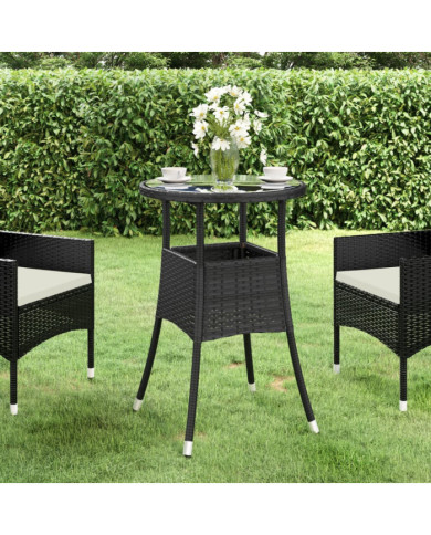 Table de jardin Ø60x75 cm Verre trempé/résine tressée Noir | Mobilier & Déco