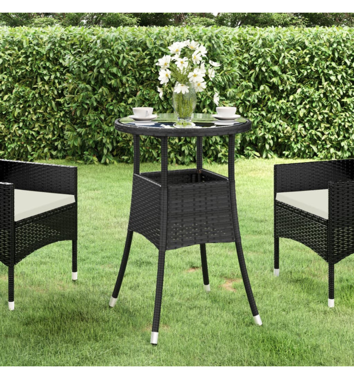Table de jardin Ø60x75 cm Verre trempé/résine tressée Noir | Mobilier & Déco