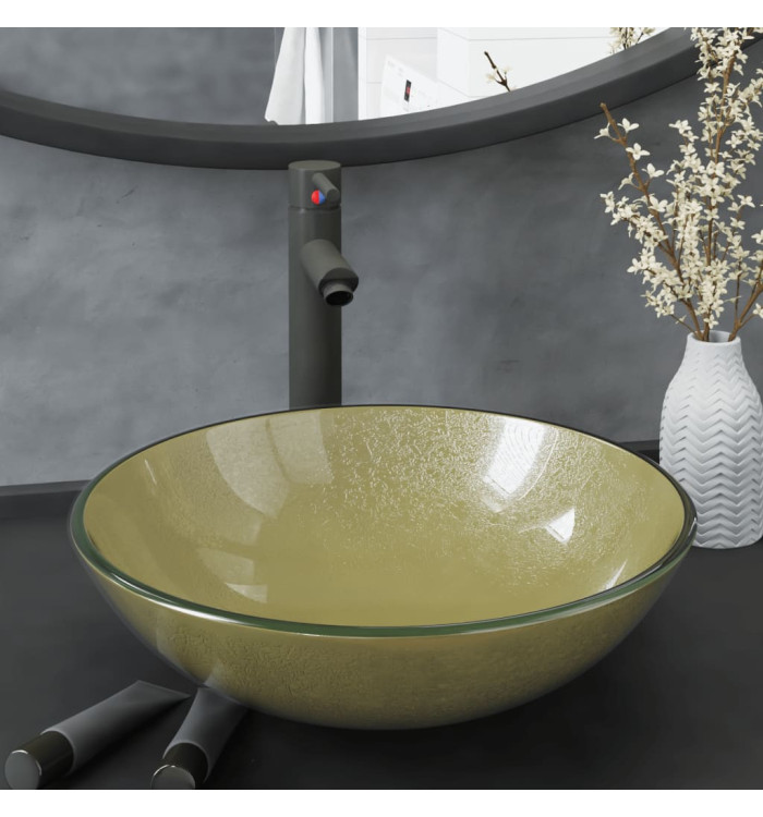 Lavabo de bain avec robinet et drain à poussoir Verre trempé | Mobilier & Déco