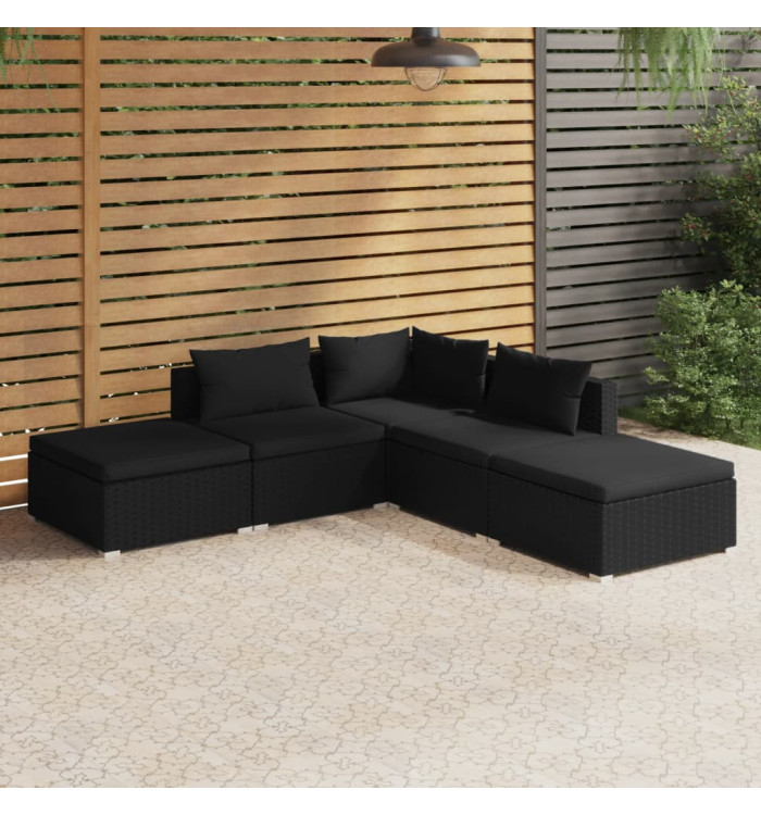 Salon de jardin 5 pcs avec coussins Résine tressée Noir | Mobilier & Déco