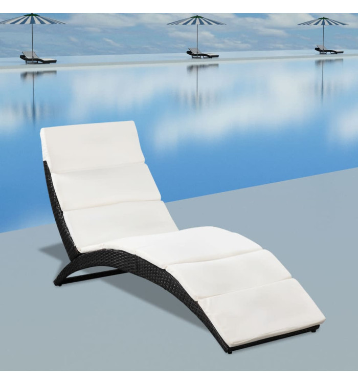 Chaise longue pliable avec coussin Résine tressée Noir | Mobilier & Déco