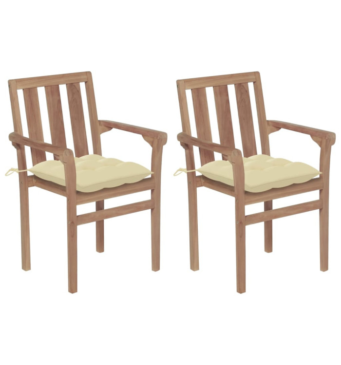 Chaises de jardin lot de 2 et coussins blanc crème Teck massif | Mobilier & Déco