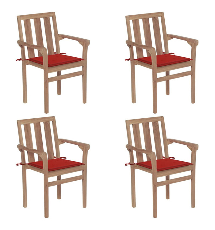 Chaises de jardin empilables avec coussins lot de 4 Teck solide | Mobilier & Déco