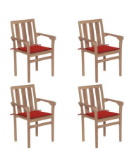 Chaises de jardin empilables avec coussins lot de 4 Teck solide | Mobilier & Déco