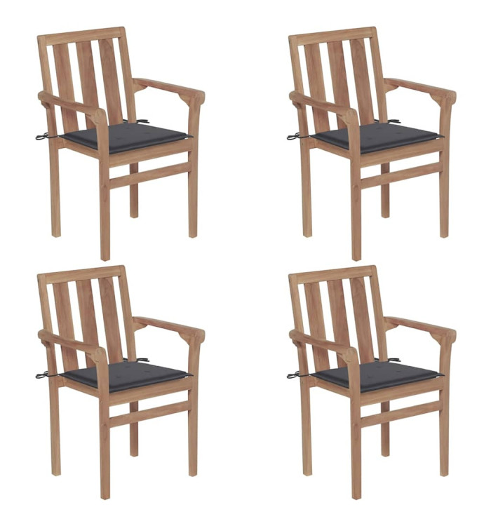 Chaises de jardin empilables avec coussins lot de 4 Teck solide | Mobilier & Déco
