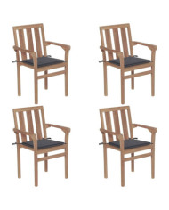 Chaises de jardin empilables avec coussins lot de 4 Teck solide | Mobilier & Déco