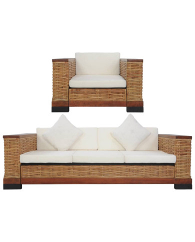 Ensemble de canapés 2 pcs avec coussins Marron Rotin naturel | Mobilier & Déco