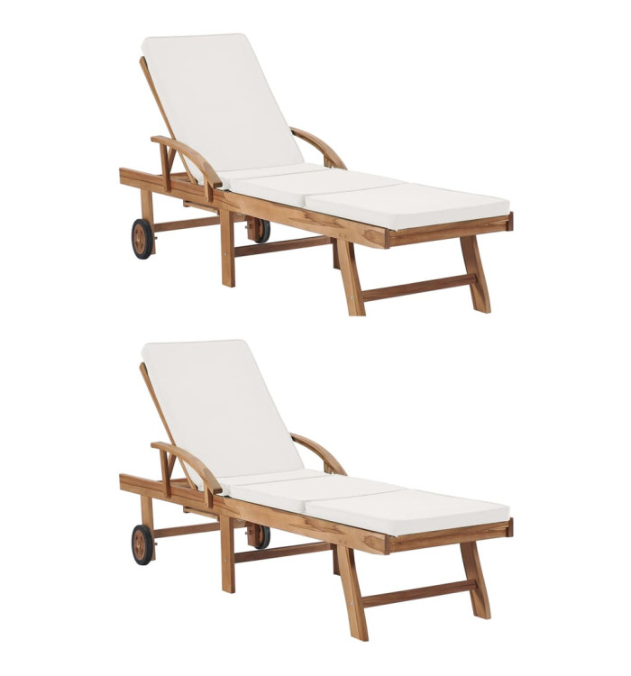 Chaises longues avec coussins 2 pcs Bois de teck solide Crème | Mobilier & Déco