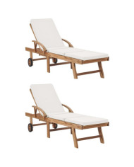 Chaises longues avec coussins 2 pcs Bois de teck solide Crème | Mobilier & Déco