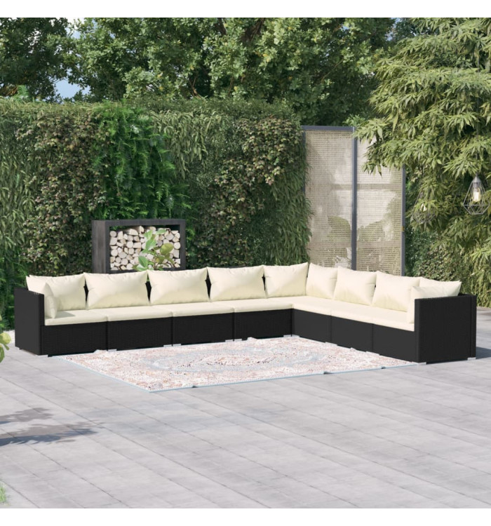 Salon de jardin 8 pcs avec coussins Résine tressée Noir | Mobilier & Déco