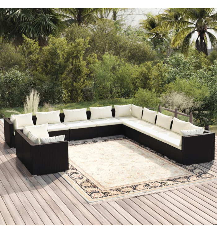 Salon de jardin 11 pcs avec coussins noir résine tressée | Mobilier & Déco