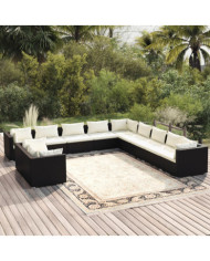 Salon de jardin 11 pcs avec coussins noir résine tressée | Mobilier & Déco