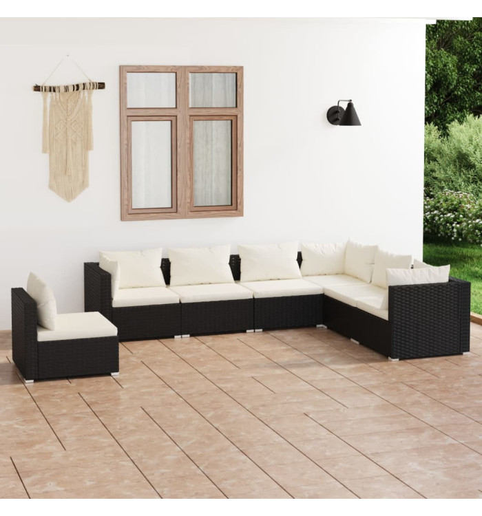 Salon de jardin 7 pcs avec coussins Résine tressée Noir | Mobilier & Déco
