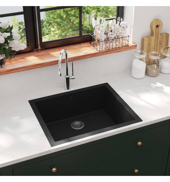 Évier de cuisine avec trou de trop-plein Noir Granit | Mobilier & Déco
