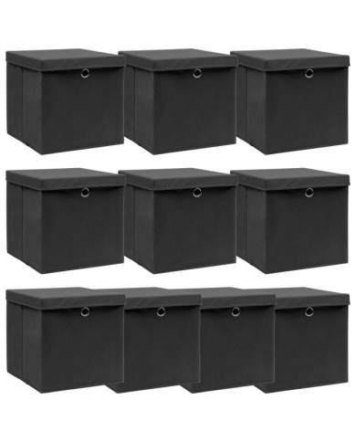 Boîtes de rangement avec couvercle 10 pcs Noir 32x32x32cm Tissu | Mobilier & Déco
