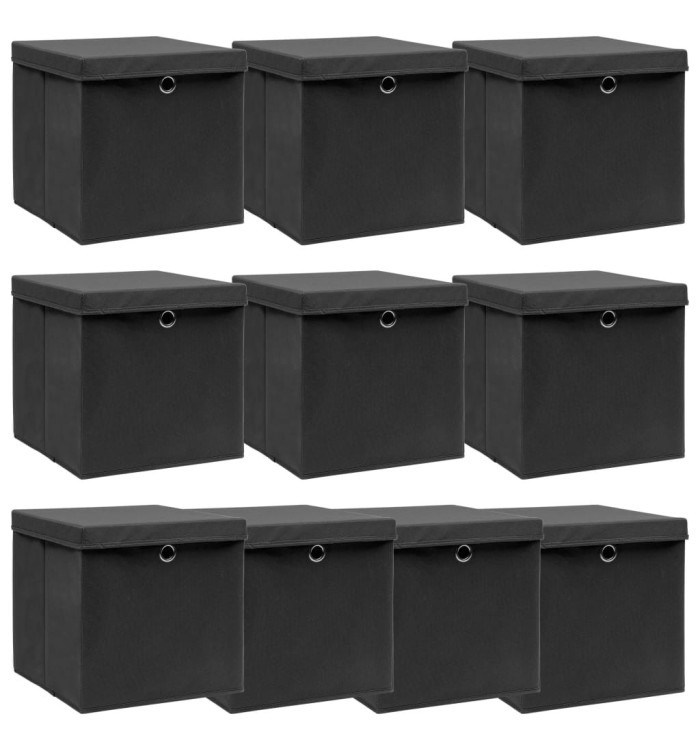 Boîtes de rangement avec couvercle 10 pcs Noir 32x32x32cm Tissu | Mobilier & Déco