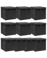 Boîtes de rangement avec couvercle 10 pcs Noir 32x32x32cm Tissu | Mobilier & Déco