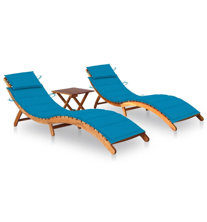 Chaises longues lot de 2 avec table et coussins Acacia solide | Mobilier & Déco