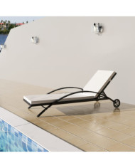 Chaise longue avec coussin et roues Résine tressée Noir | Mobilier & Déco