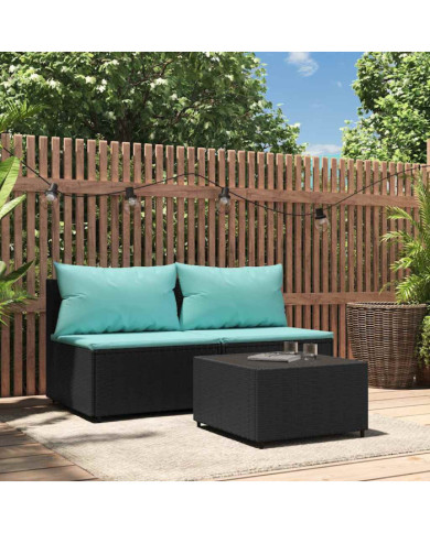 Salon de jardin 3 pcs avec coussins Noir Résine tressée | Mobilier & Déco