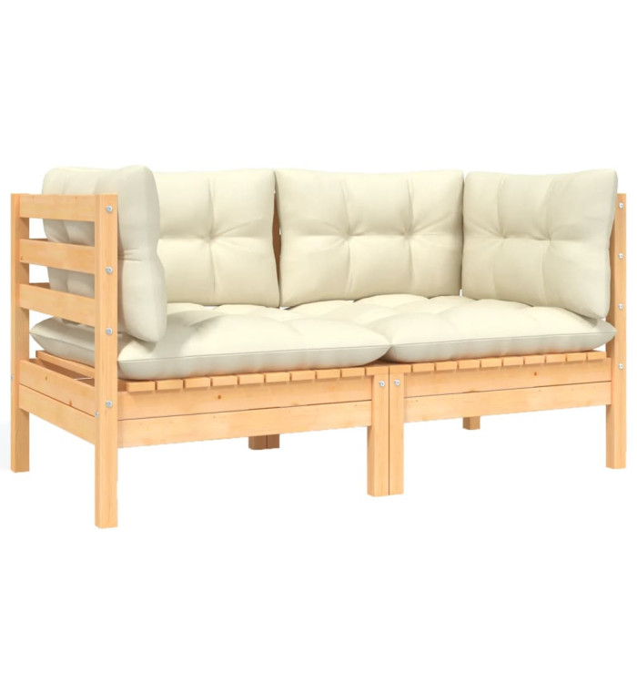 Canapé 2 places de jardin et coussins crème Bois de pin solide | Mobilier & Déco