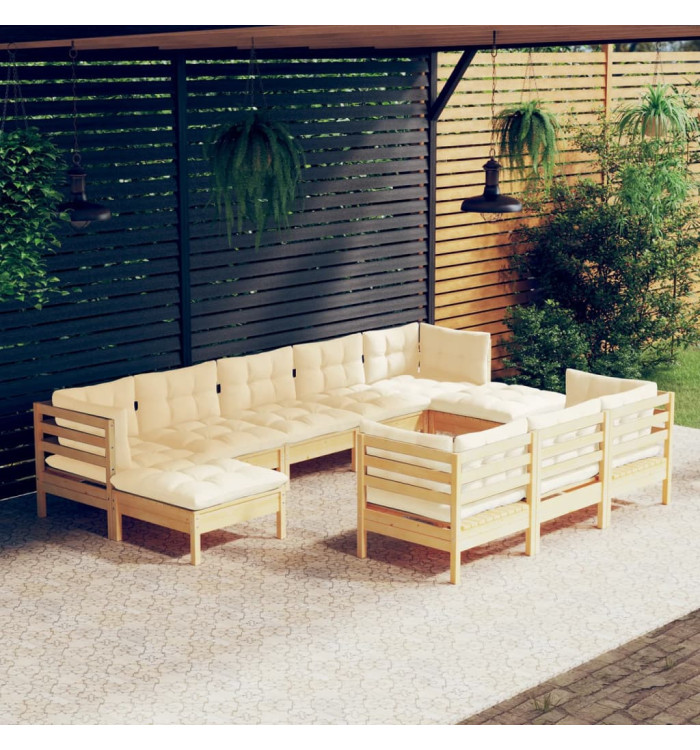 Salon de jardin 10 pcs avec coussins crème bois de pin massif | Mobilier & Déco