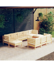 Salon de jardin 10 pcs avec coussins crème bois de pin massif | Mobilier & Déco