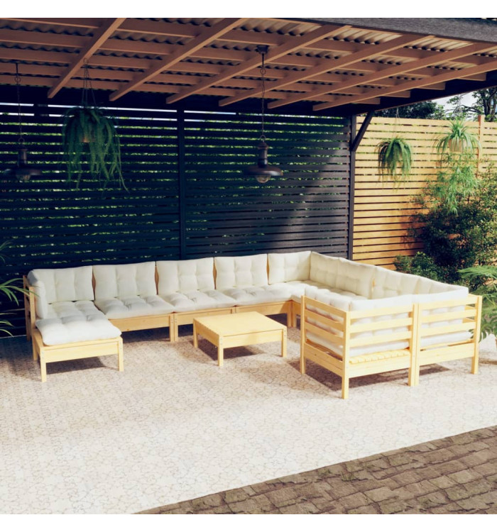 Salon de jardin 11 pcs avec coussins crème bois de pin | Mobilier & Déco