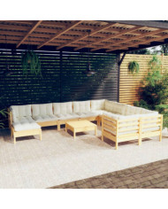 Salon de jardin 11 pcs avec coussins crème bois de pin | Mobilier & Déco
