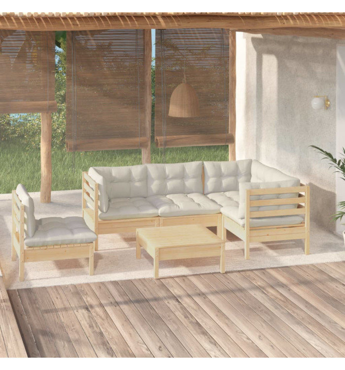 Salon de jardin 6 pcs avec coussins crème bois de pin | Mobilier & Déco