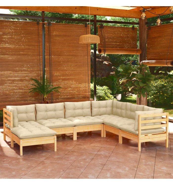 Salon de jardin 7 pcs avec coussins crème bois de pin massif | Mobilier & Déco