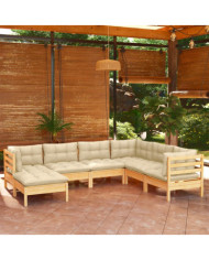 Salon de jardin 7 pcs avec coussins crème bois de pin massif | Mobilier & Déco