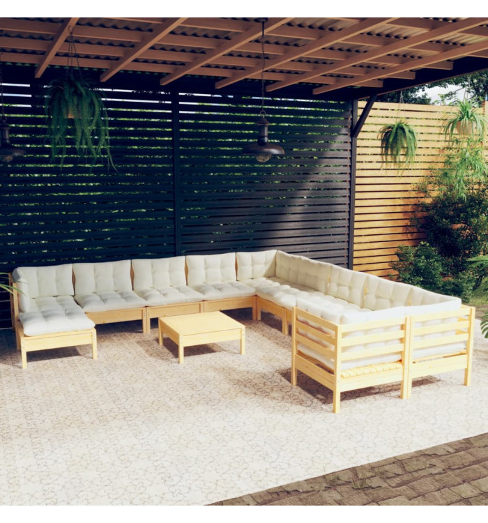 Salon de jardin 12 pcs avec coussins crème Bois de pin | Mobilier & Déco
