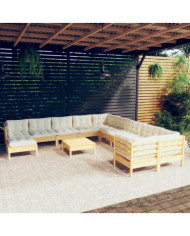Salon de jardin 12 pcs avec coussins crème Bois de pin | Mobilier & Déco