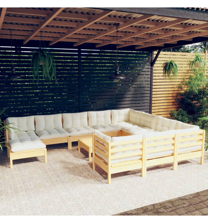 Salon de jardin 12 pcs avec coussins crème Bois de pin | Mobilier & Déco