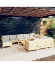Salon de jardin 12 pcs avec coussins crème Bois de pin | Mobilier & Déco