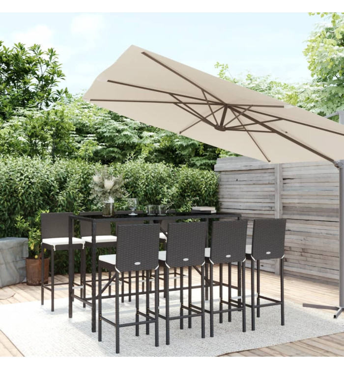 Ensemble de bar de jardin 9 pcs avec coussins noir poly rotin | Mobilier & Déco