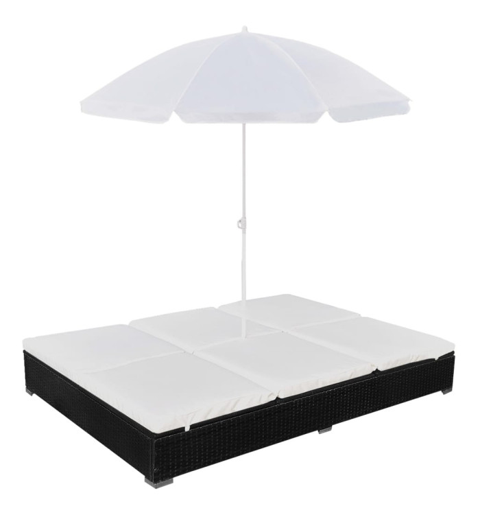 Chaise longue d'extérieur avec parasol Résine tressée Noir | Mobilier & Déco