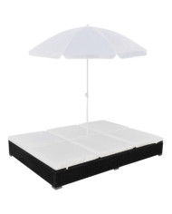 Chaise longue d'extérieur avec parasol Résine tressée Noir | Mobilier & Déco