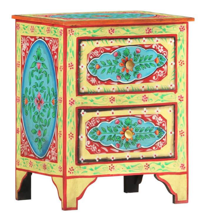 Table de chevet peinte à la main 40x30x50 cm Bois de manguier | Mobilier & Déco