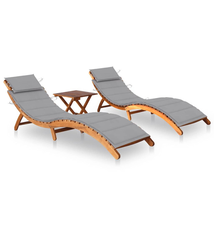 Chaises longues lot de 2 avec table et coussins Acacia solide | Mobilier & Déco