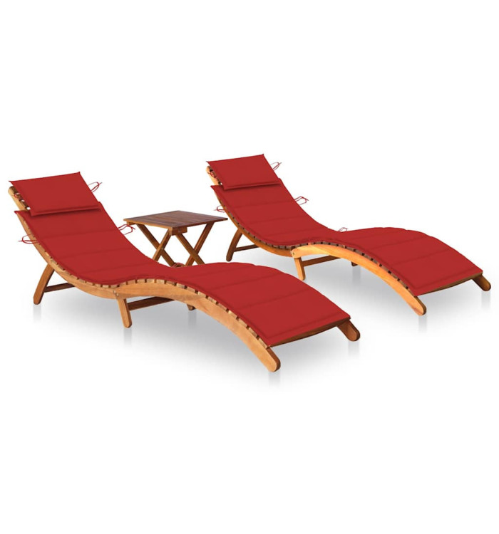 Chaises longues lot de 2 avec table et coussins Acacia solide | Mobilier & Déco
